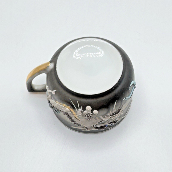 Vintage Geisha Lithophane Dragonware Small Teacup & Saucer Moriage Black Japan - Picture 8 of 16